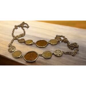 Sarah Cov Necklace Brown yellow and Gold Tone Circle accents on Gold Tone Chain.